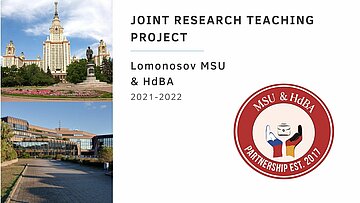 Lehr-Forschungskooperation. Joint Research Teaching Project. Lomonosov MSU & HdBA 2021-2022. Logo MSU & HdBA Partnerschip EST. 2017