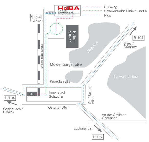 Grafische Darstellung der Anreise vom Hauptbahnhof Schwerin an die HdBA Campus Schwerin