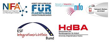 IvAF-HdBA Fachtagung, Logo NIFA (Netzwerk für Integration von Flüchtlingen in Arbeit, Arbeit und Ausbildung für Flüchtlinge Projetverbund Baden, Netzwerk zur Integration von Flüchtlingen in Ostwürttemberg nifo, Netzwerk Bleiben mit Arbeit, ESF Integrationsrichtlinie Bund, Hochschule der Bundesagentur für Arbeit (University of Applied Labour Studies)